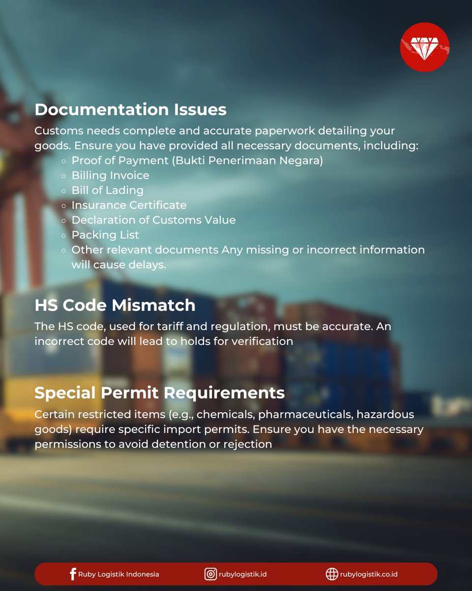 Rubylogistik's tweet image. Shipment stuck at customs? 🤔 Here&apos;s a quick why it might be happening

#rubylogistik #rubylogistikindonesia #rubygroup #morethanlogisticswearethesolution