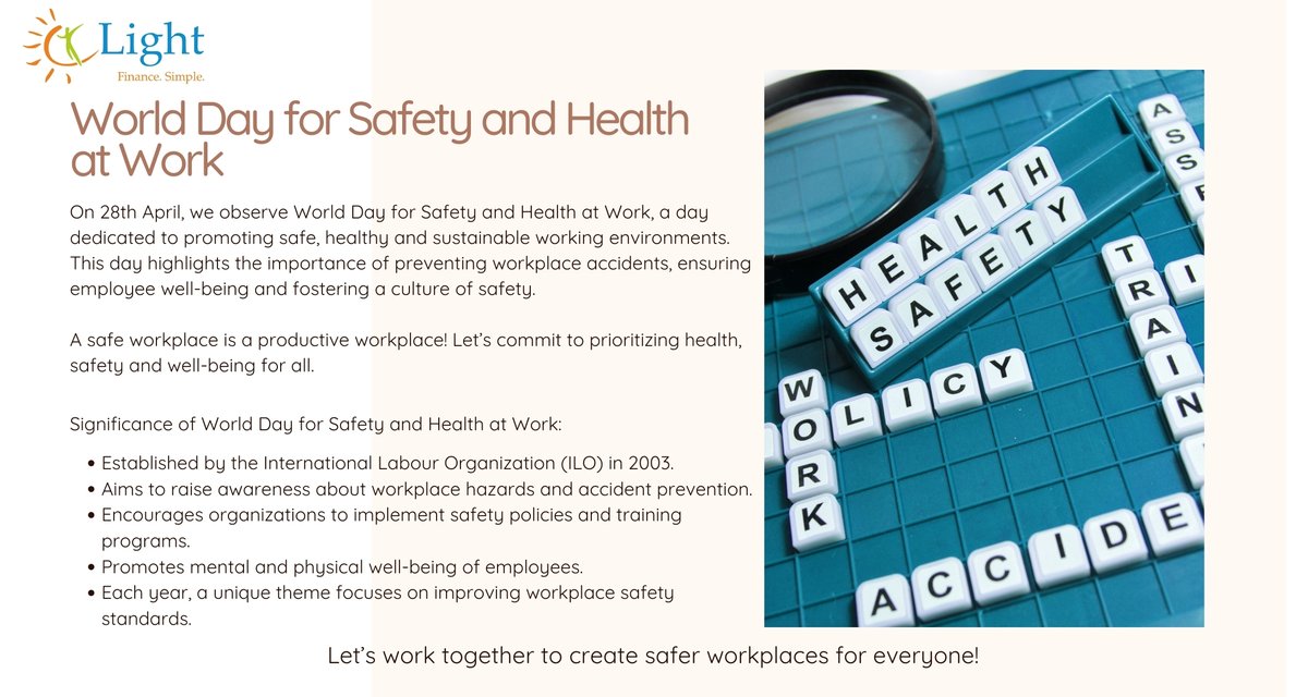 🛡️ On #WorldDayforSafetyandHealthAtWork, we pledge to create safer, healthier workplaces. Every step towards safety empowers growth and well-being. Let’s act today for a safer tomorrow! ✨ #SafetyFirst #SafeWorkplace #TeamLight #healthandsafety
