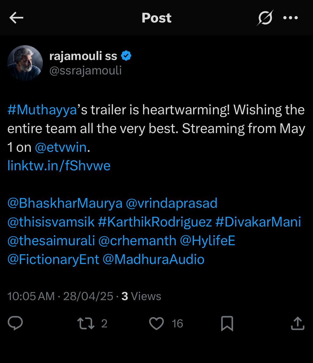 Hemanth Kumar C R (@crhemanth) on Twitter photo #Muthayya is our love letter to cinema and an ode to all those who have big dreams. Indebted to <a href="/ssrajamouli/">rajamouli ss</a> garu and <a href="/Shobu_/">Shobu Yarlagadda</a> garu for launching the trailer of our sweet little film. You made it really special. Streaming from May 1 <a href="/etvwin/">ETV Win</a>
Trailer : youtu.be/WRKg45omEBM #Muthayya is our love letter to cinema and an ode to all those who have big dreams. Indebted to <a href="/ssrajamouli/">rajamouli ss</a> garu and <a href="/Shobu_/">Shobu Yarlagadda</a> garu for launching the trailer of our sweet little film. You made it really special. Streaming from May 1 <a href="/etvwin/">ETV Win</a>
Trailer : youtu.be/WRKg45omEBM