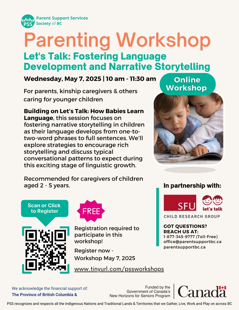 SFU LangDev Lab (@sfulangdevlab) on Twitter photo š£Weāre pleased to partner again with our friends <a href="/ParentSupportBC/">Parent Support BC</a> for our second FREE workshop, "Letās Talk: Fostering Language Development & Narrative Storytellingā. More info below!
Wed, May 7 | 10ā11:30am
Register now: bit.ly/3RulFAL š£Weāre pleased to partner again with our friends <a href="/ParentSupportBC/">Parent Support BC</a> for our second FREE workshop, "Letās Talk: Fostering Language Development & Narrative Storytellingā. More info below!
Wed, May 7 | 10ā11:30am
Register now: bit.ly/3RulFAL