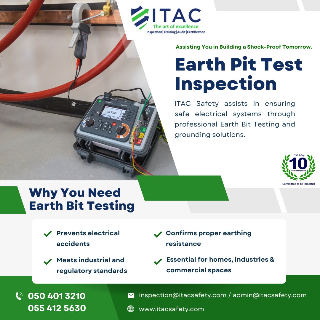 ItacSafety's tweet image. ⚡ Earth Pit Test Inspection | Build a Shock-Proof Tomorrow with ITAC Safety
📱 050 401 3210 | 055 412 5630
📧 inspection@itacsafety.com / admin@itacsafety.com
🌐 itacsafety.com
Earth Pit Test Inspection in Dubai
#EarthPitTest #ITACSafety #Dubai #UAE #AbuDhabi #Sharjah