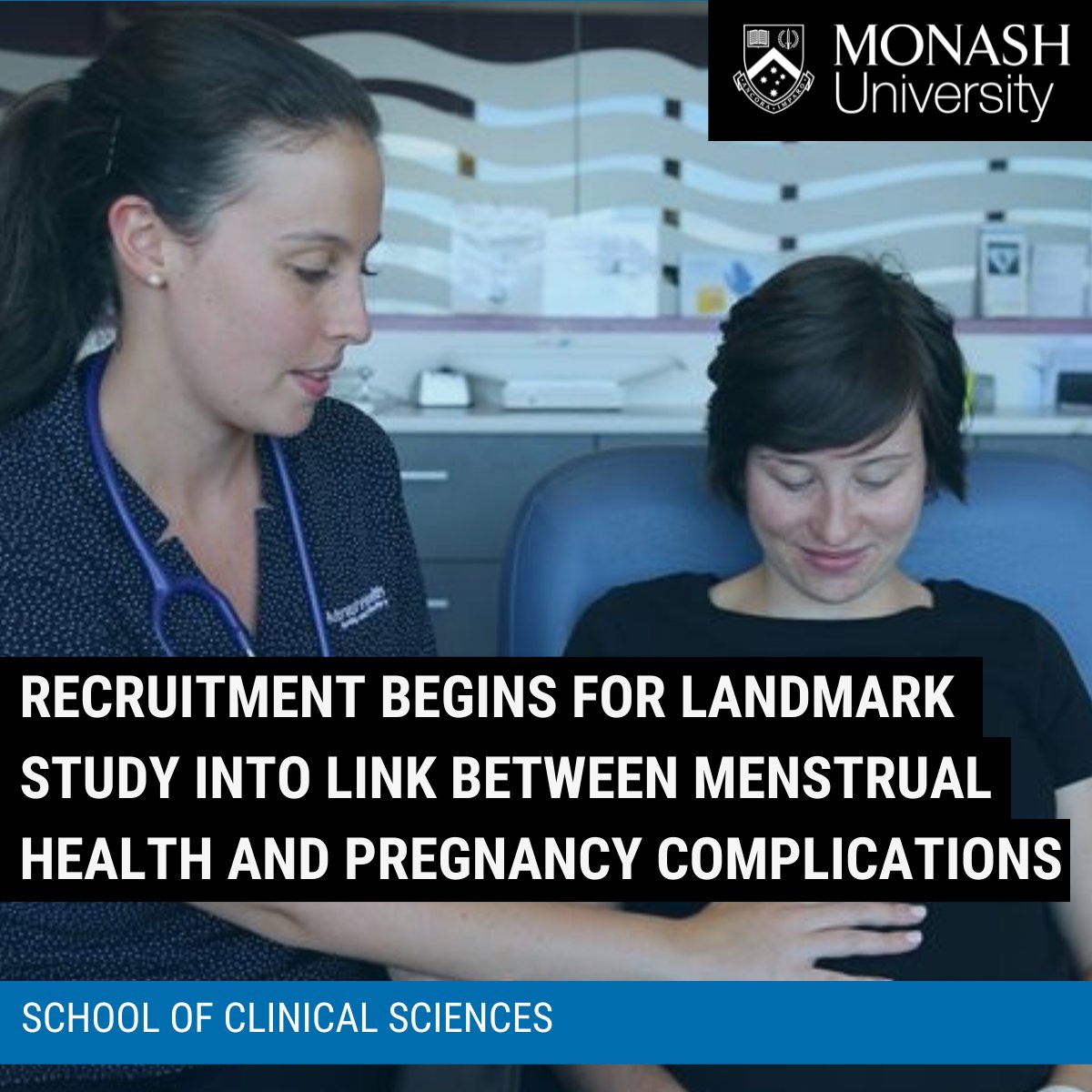 Monash University School of Clinical Sciences (@scsmonash) on Twitter photo Major study launched! <a href="/MonashHealth/">Monash Health</a> is recruiting 1,100+ women to investigate link between menstrual symptoms and pregnancy complications.
'Your period, your pregnancy' research could transform how we prevent stillbirth, preterm birth and growth restrictions.
Read more here: Major study launched! <a href="/MonashHealth/">Monash Health</a> is recruiting 1,100+ women to investigate link between menstrual symptoms and pregnancy complications.
'Your period, your pregnancy' research could transform how we prevent stillbirth, preterm birth and growth restrictions.
Read more here:
