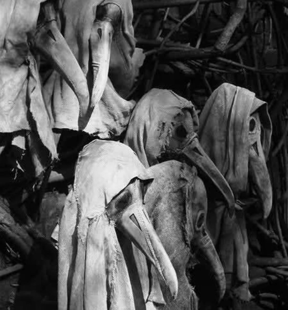 Masks worn by plague doctors. The design is attributed to a French doctor by the name of Charles de Lorme (1584-1678).