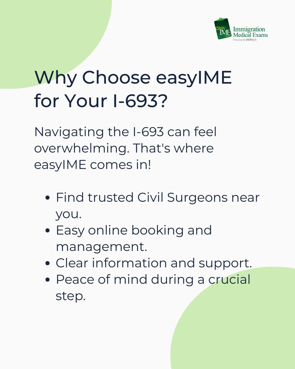 easyIME's tweet image. I-693 for your Green Card: Medical exam essentials covered. 
Simplify scheduling and gain support with easyIME. Contact us today! 
#ImmigrationMedical #USCIS #easyIMESolution #GreenCardPrep