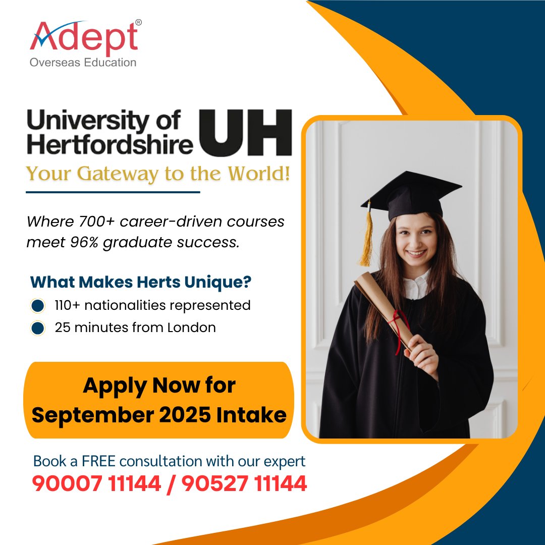 OverseasAdept's tweet photo. University of Hertfordshire — Your Gateway to the World!
🎓 Study at Herts — where 700+ career-driven courses meet 96% graduate success.
 🌍 110+ nationalities. 25 minutes from London.
 Your future starts here.
📲 Call/WhatsApp for FREE Consultation
 📞 90007 11144 | 90527 11144 https://t.co/TOaCczL1bL