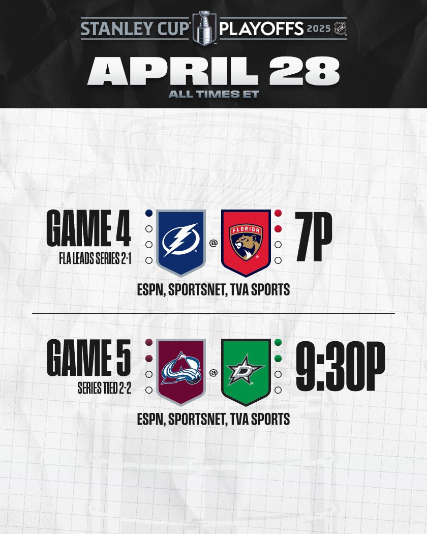 NHL Public Relations (@nhlpr) on Twitter photo A two-game Monday in the 2025 #StanleyCup Playoffs sees the <a href="/Avalanche/">x - Colorado Avalanche</a> and <a href="/DallasStars/">X - Dallas Stars</a> looking to break their series stalemate, while the <a href="/TBLightning/">x - Tampa Bay Lightning</a> and <a href="/FlaPanthers/">x - Florida Panthers</a> contest Game 4 of the "Battle of Florida."
#NHLStats: media.nhl.com/public/news/18… A two-game Monday in the 2025 #StanleyCup Playoffs sees the <a href="/Avalanche/">x - Colorado Avalanche</a> and <a href="/DallasStars/">X - Dallas Stars</a> looking to break their series stalemate, while the <a href="/TBLightning/">x - Tampa Bay Lightning</a> and <a href="/FlaPanthers/">x - Florida Panthers</a> contest Game 4 of the "Battle of Florida."
#NHLStats: media.nhl.com/public/news/18…