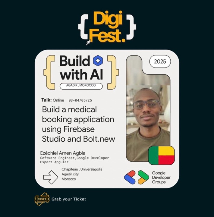 ezchilamen's tweet photo. On May 03, I'll be attending the @Gdg_on_campus_u #DigiFest in #Agadir, #Morocco, related to the Build with AI (#BwAI) event, as a speaker.

We'll be looking at how to create a small Doctolib-style medical appointment scheduling application in miniature using Firebase Studio and https://t.co/byPK2slGnI with @angular.

Grab your ticket to attend the exciting talks, the majority of which are @GoogleDevExpert 

https://t.co/LTEgt27Xi1