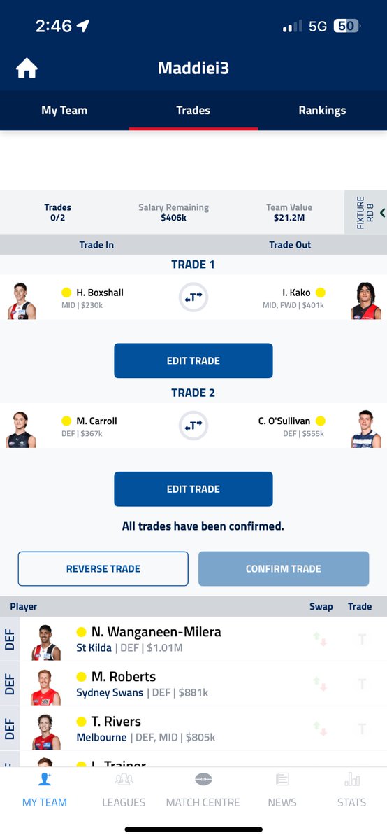 Hey legends #AFLFantasy <a href="/AFLFantasy/">AFL Fantasy</a>, would you tick off a double downgrade to get $400,000 to put on top of Davo next week? Thinking Boxshall and Carroll as have Buss. Would be both be off field thanks <a href="/RoyDT/">Adam Roy Davey</a> <a href="/CalvinDT/">Calvin</a> <a href="/WarnieDT/">Warnie</a>