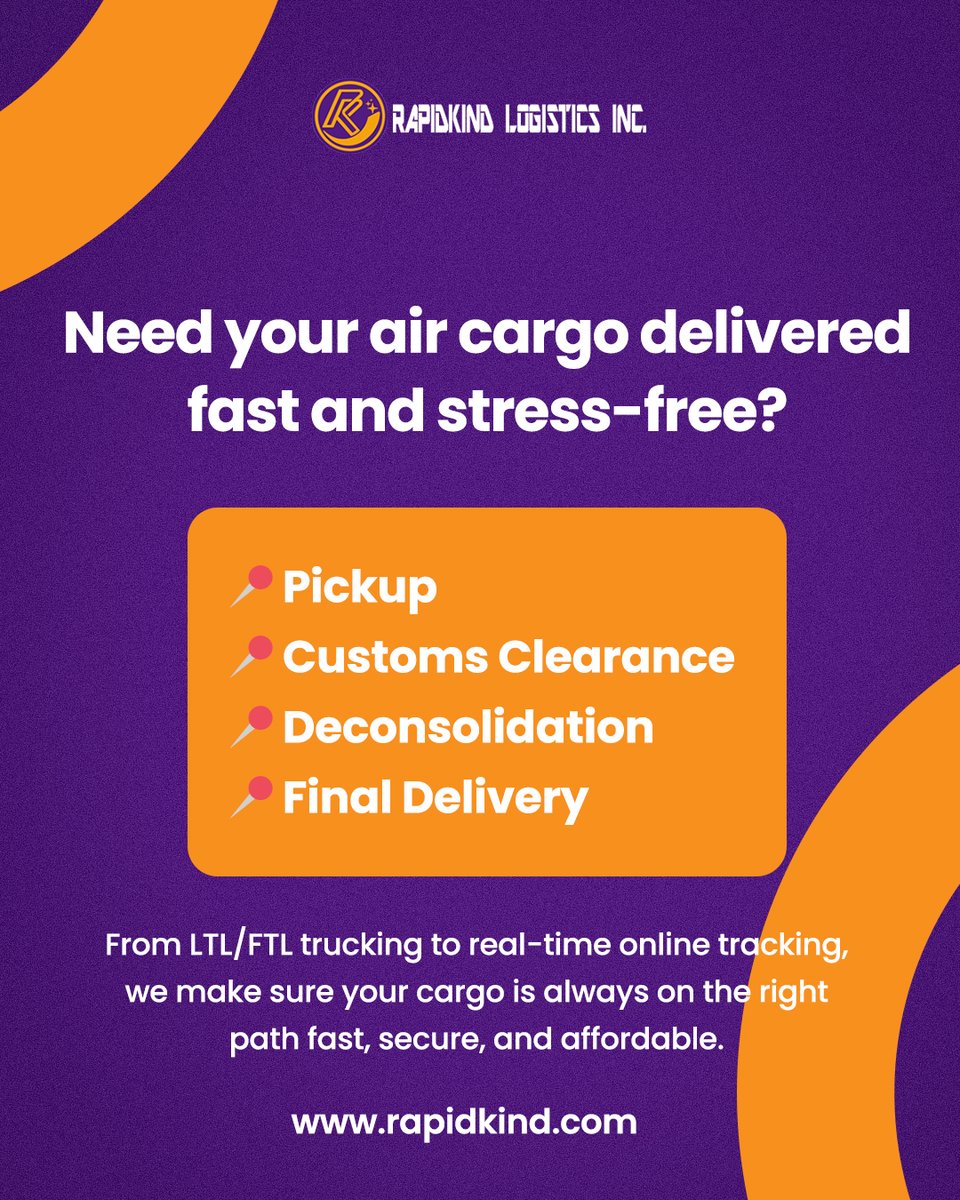 RapidKind's tweet photo. ✈️ Need your air cargo delivered fast and stress-free?
We’ve got you covered from start to finish:

✅ Pickup
✅ Customs Clearance
✅ Deconsolidation
✅ Final Delivery

🌐 https://t.co/LDymoSvYoi

#AirCargo #LogisticsMadeEasy #RapidDelivery #SupplyChainSolutions https://t.co/E2xqER798N