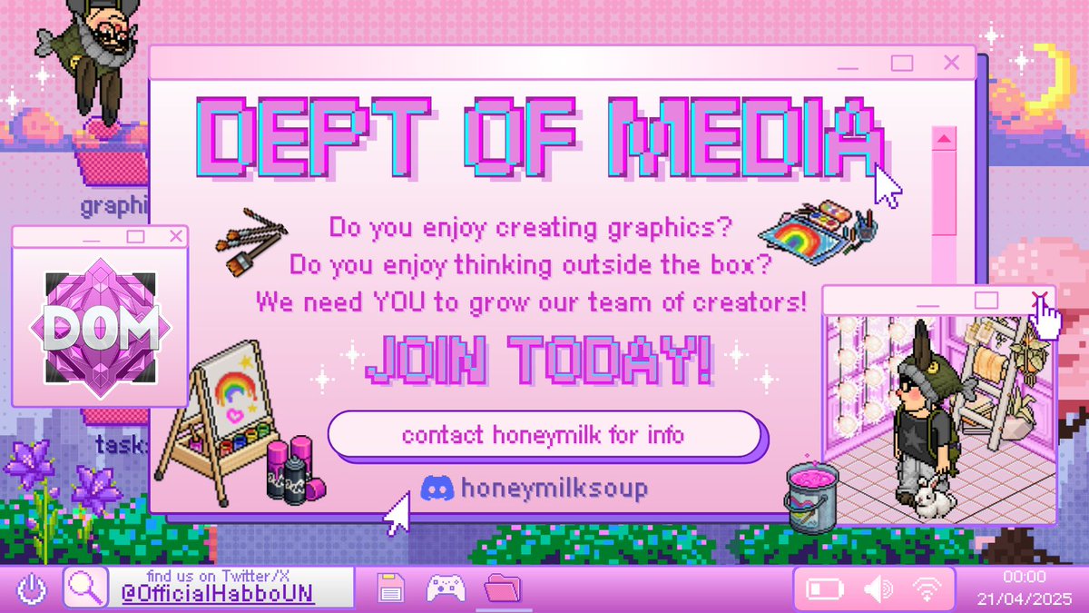 🚨 HAPPY DEPT OF MEDIA PING DAY! 🚨

Do you enjoy thinking outside of the box? Do you like being creative? Then our Media Dept might be the perfect place for you! 🎨

🖌️ Send a message to honeymilk (<a href="/honeymilkhabbo/">ming ☆</a>) to find out more information! #habbo #habboUN