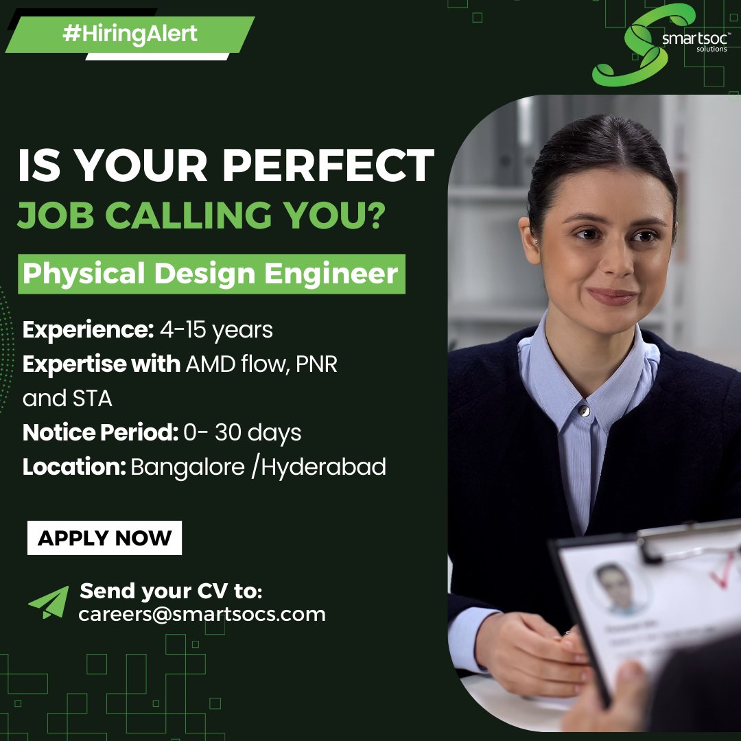 smartsocs's tweet image. 🚀 Hiring Physical Design Engineers!
📍 Bangalore/Hyderabad
✅ 4–15 yrs exp | AMD flow, PNR, STA
⏳ Notice: 0–30 days
📩 careers@smartsocs.com
#Hiring #PhysicalDesign #Jobs