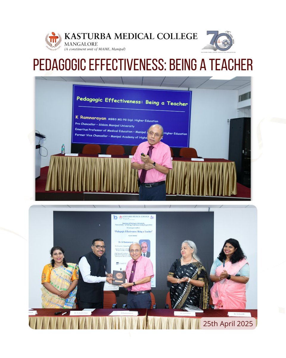KMC_Mangalore's tweet image. As part of its Diamond Jubilee year of PG, the Dept of Pathology, KMC Mangalore, hosted Dr K. Ramnarayan (Pro Chancellor, SMU) for a session on “Pedagogic Effectiveness: Being a Teacher”. 

#KMCMangalore #MedicalEducation #TeachingExcellence