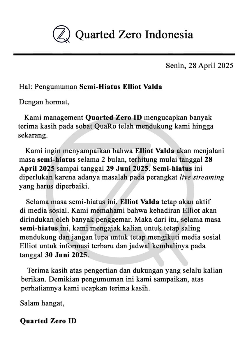 ⚠️ [ANNOUNCEMENT] ⚠️

Halo sobat QuaRo, kami akan memberikan sebuah pengumuman SEMI-HIATUS terkait talent kami yakni <a href="/ElliotValda/">Elliot Valda 💻🎭 | COMMISION OPEN | ORANG DEPOK</a>