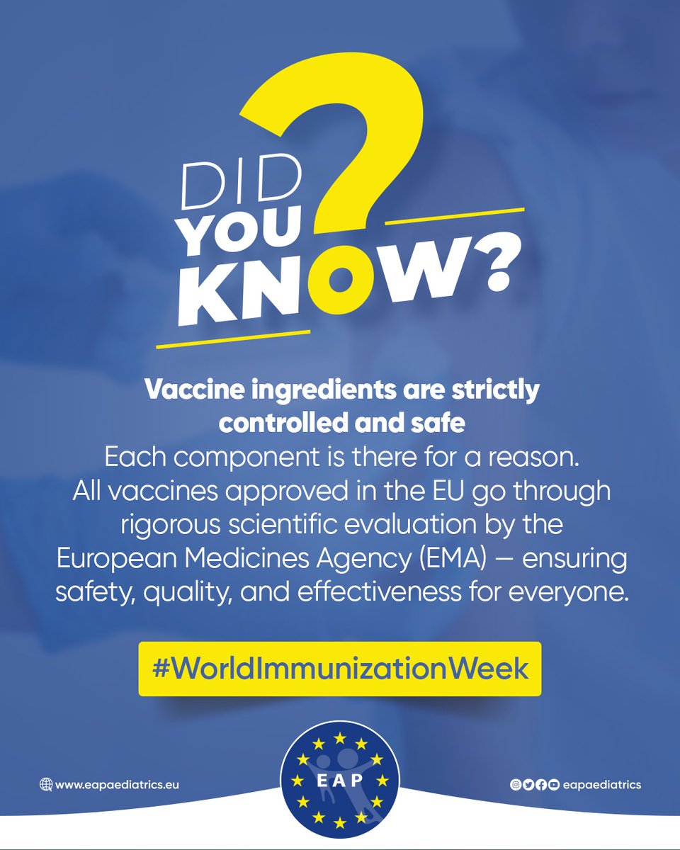 EAPaediatrics's tweet image. 💡 #DidYouKnow: Immunization ingredients = strictly regulated + safe!
#ImmunizationWorks #WorldImmunizationWeek

eapaediatrics.eu/world-immuniza…