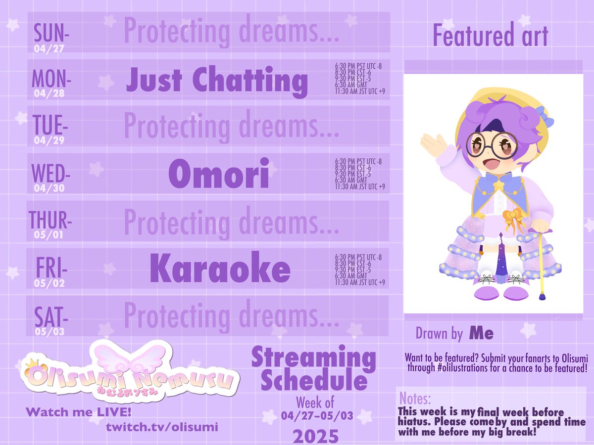 OlisumiNemuru's tweet photo. Final schedule for this week for before my long hiatus! Don’t worry, this doesn’t mean goodbye. I’ll be back for more comfy chaos after my hiatus. Promise.💜#vtuber #streamschedule #vtuberidol #indievtuber #olisuminemuru #twitch #twitchstreamer #contentcreator https://t.co/75q2InsvFb