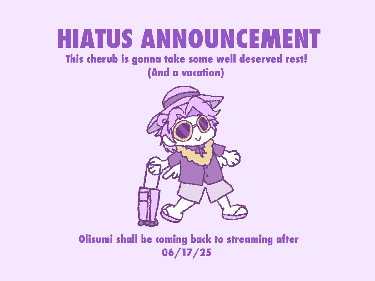 OlisumiNemuru's tweet photo. Final schedule for this week for before my long hiatus! Don’t worry, this doesn’t mean goodbye. I’ll be back for more comfy chaos after my hiatus. Promise.💜#vtuber #streamschedule #vtuberidol #indievtuber #olisuminemuru #twitch #twitchstreamer #contentcreator https://t.co/75q2InsvFb