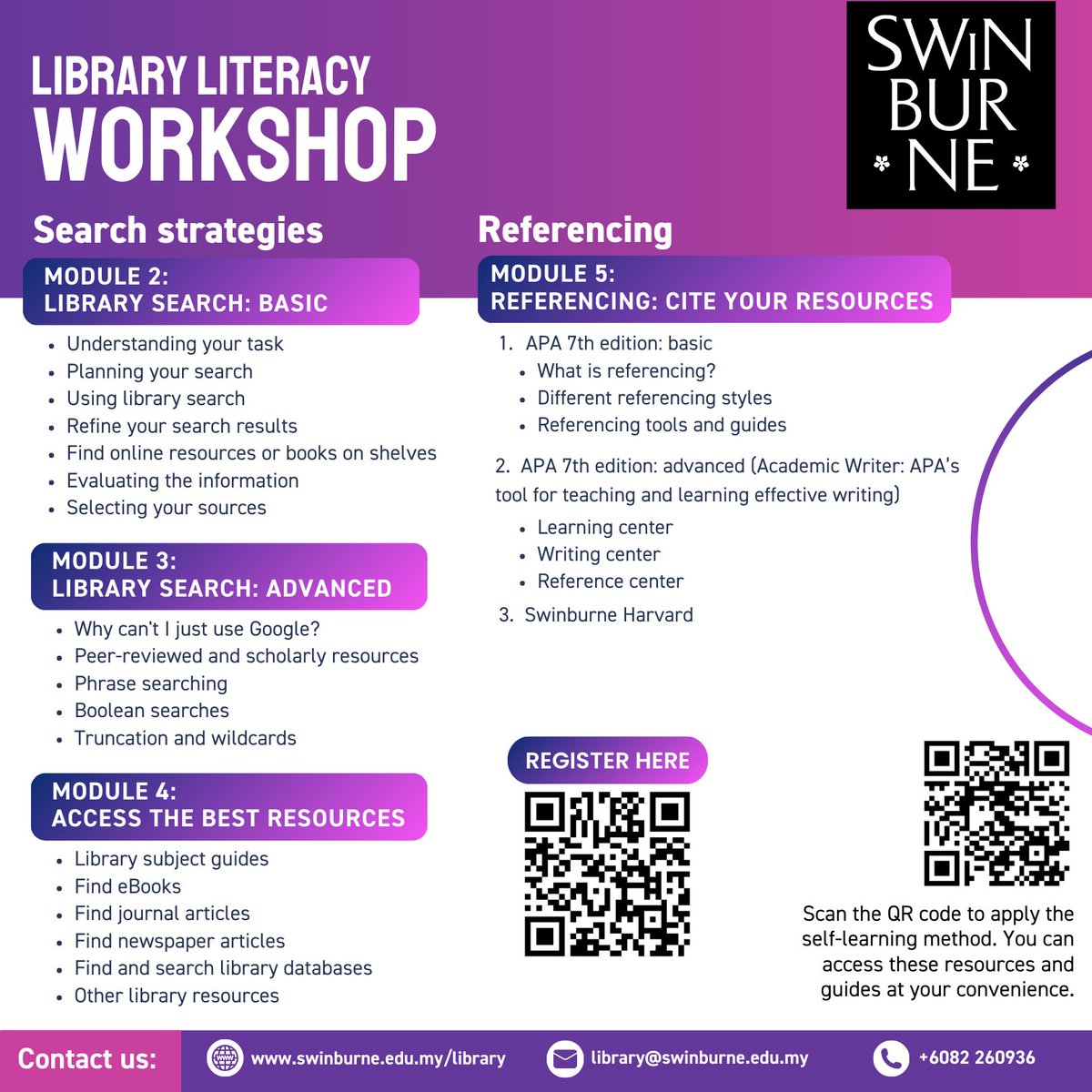 swinsarawaklib's tweet image. Struggling with assignments? We’ve got you covered!
👉Register for our Library Literacy Workshops this May at forms.office.com/r/PTZic4PP6J
#literacyworkshops #LibraryDatabases #referencingskills
#swinburnesarawaklibrary #swinburnesarawak
#SwinburneUniversityofTechnology