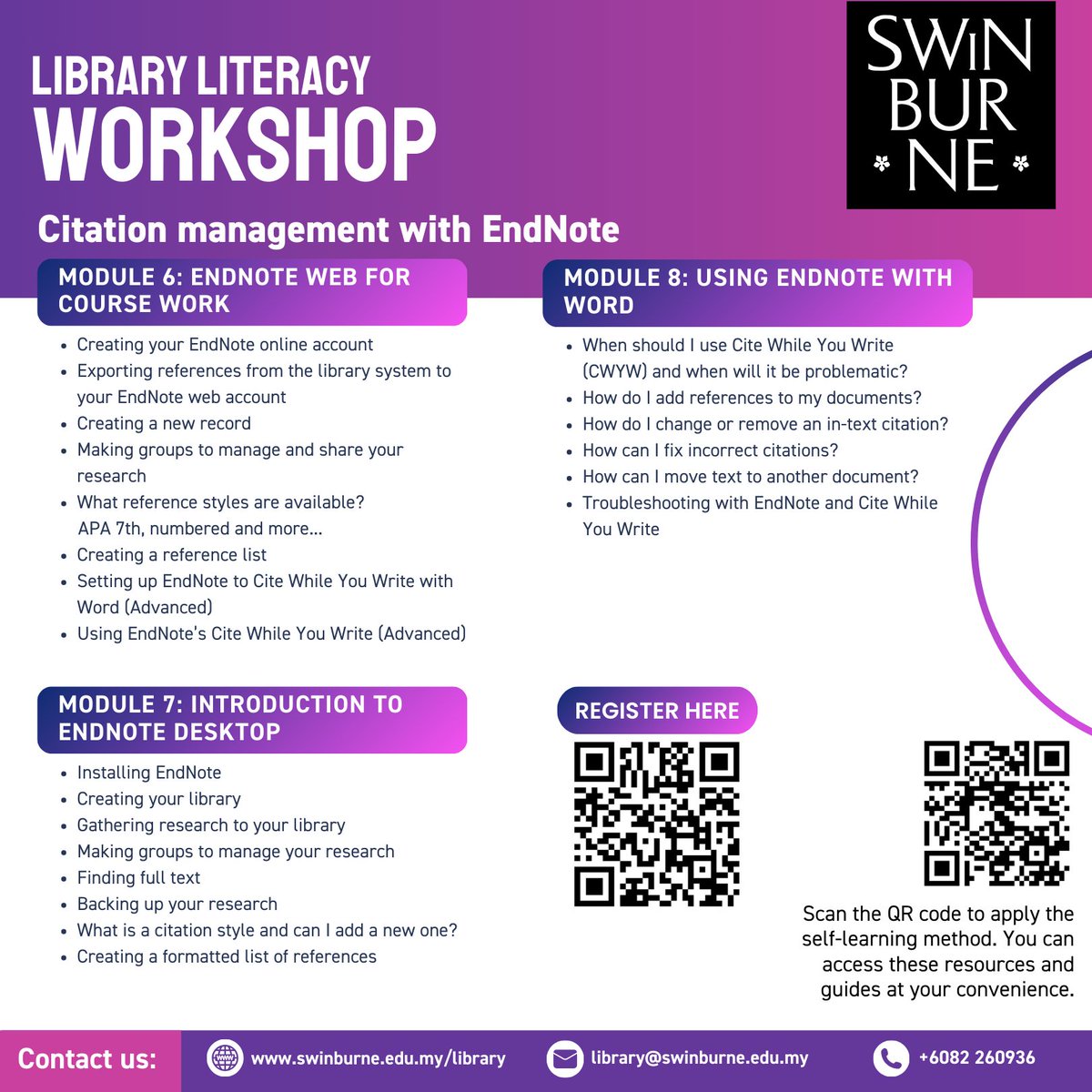 swinsarawaklib's tweet image. Struggling with assignments? We’ve got you covered!
👉Register for our Library Literacy Workshops this May at forms.office.com/r/PTZic4PP6J
#literacyworkshops #LibraryDatabases #referencingskills
#swinburnesarawaklibrary #swinburnesarawak
#SwinburneUniversityofTechnology
