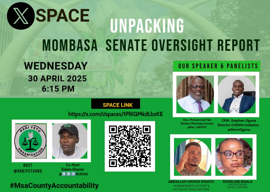 Citizen oversight in action! Join our LIVE X Space <a href="/HakiYetuOrg/">Haki Yetu</a> on the Mombasa Senate Oversight Report

Which are the development gaps  in the report? 
Let's exercise our oversight power together. #OurRightsOurFutureRightNow 

<a href="/Sen_Faki001/">Hon. Mohammed Faki Mwinyihaji</a> <a href="/SteveOguna/">Steve Oguna, CPM.</a> <a href="/ngala_roseline/">Roseline Ngala</a> <a href="/A_S_Nassir/">Abdulswamad Sheriff Nassir</a>