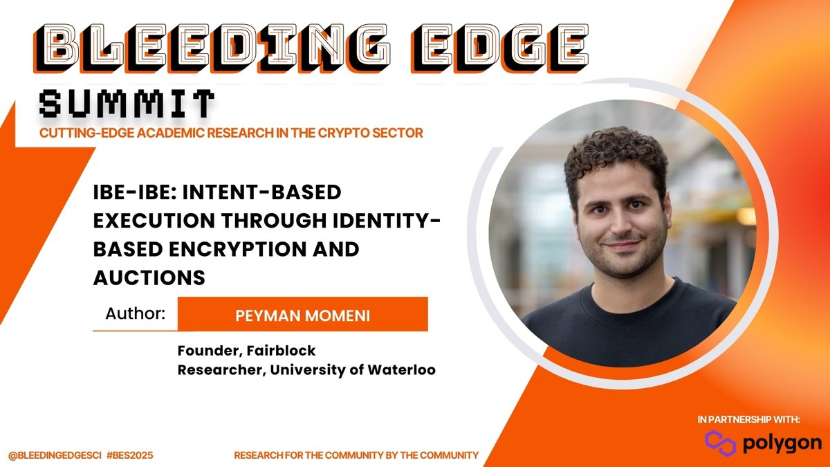 bleedingedgesci's tweet image. Excited to welcome Peyman Momeni, founder of Fairblock, & researcher at University of Waterloo, @UWCheritonCS!
Peyman's paper introduces a decentralized & leaderless sealed bid auction model for dynamic pricing of intents across blockchain networks.
👉lu.ma/uos3p63a