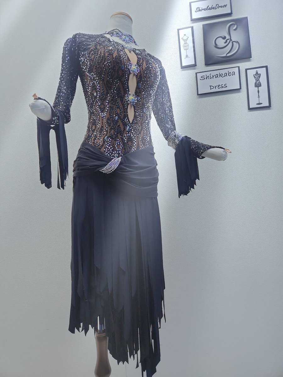 B1574【白樺ドレス】日本製☆M☆黒/スワロMIX/ラテンドレス☆社交ダンス