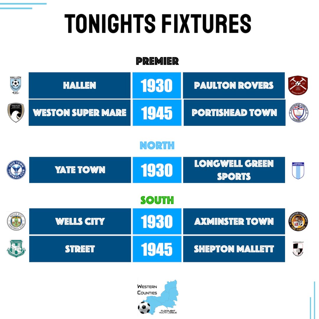 Western Counties Floodlight Youth League (@wcfyl) on Twitter photo 💥⚽️Busy Monday in the <a href="/wcfyl/">Western Counties Floodlight Youth League</a> with 5 matches across the 3 divisions ⚽️💥
<a href="/HallenFC/">Hᴀʟʟᴇɴ AFC 🏆</a> <a href="/PaultonRoversDC/">Paulton Rovers DC</a> <a href="/WSM_AFC_ACADEMY/">Weston-super-Mare AFC Academy</a> <a href="/PortisheadTown/">Portishead Town FC 🏆🏆 DOUBLE (C)</a> <a href="/YateTownFC/">Yate Town F(C)</a> <a href="/LWGSports18s/">Longwell Green Sports u18s 🏆</a> <a href="/CityWellsfc/">Wells City FC</a> <a href="/Axminstertownfc/">Axminster Town A.F.C</a> <a href="/fcstreet/">Street FC</a> <a href="/Mallet_AFC/">Shepton Mallet AFC</a> <a href="/swsportsnews/">South West Sports News</a> <a href="/NonLeagueCrowd/">Non League Crowds</a> <a href="/NonLeagueFix/">NonLeagueFixtures</a> <a href="/NonLeagueHQ1/">NonLeagueHQ</a> 💥⚽️Busy Monday in the <a href="/wcfyl/">Western Counties Floodlight Youth League</a> with 5 matches across the 3 divisions ⚽️💥
<a href="/HallenFC/">Hᴀʟʟᴇɴ AFC 🏆</a> <a href="/PaultonRoversDC/">Paulton Rovers DC</a> <a href="/WSM_AFC_ACADEMY/">Weston-super-Mare AFC Academy</a> <a href="/PortisheadTown/">Portishead Town FC 🏆🏆 DOUBLE (C)</a> <a href="/YateTownFC/">Yate Town F(C)</a> <a href="/LWGSports18s/">Longwell Green Sports u18s 🏆</a> <a href="/CityWellsfc/">Wells City FC</a> <a href="/Axminstertownfc/">Axminster Town A.F.C</a> <a href="/fcstreet/">Street FC</a> <a href="/Mallet_AFC/">Shepton Mallet AFC</a> <a href="/swsportsnews/">South West Sports News</a> <a href="/NonLeagueCrowd/">Non League Crowds</a> <a href="/NonLeagueFix/">NonLeagueFixtures</a> <a href="/NonLeagueHQ1/">NonLeagueHQ</a>