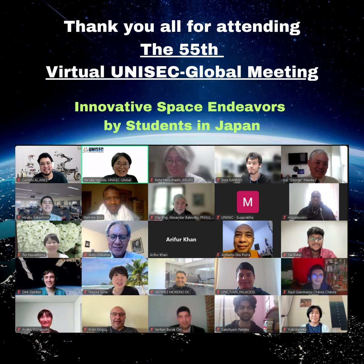 The 55th Virtual UNISEC-Global Meeting was successfully concluded on April 19. Thank you for joining us!

You can watch the recordings on our website:
unisec-global.org/virtual-meetin…

The next virtual meeting will be on May 17.
Please save the date.