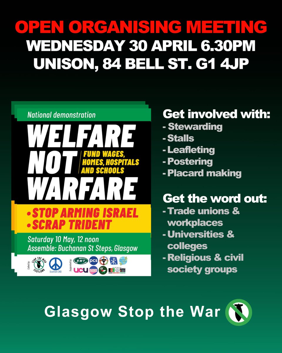 CounterfireG's tweet photo. Help build the national demonstration!
#WelfareNotWarfare
#StopArmingIsrael
#ScrapTrident
@stwscotland
@ScottishCND
@STWuk https://t.co/2YM9LXEd14