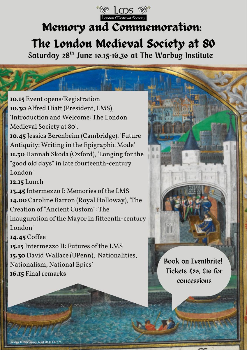 We are very excited to announce the programme for our 80th anniversary event on 'Memory and Commemoration' which will be held in person at The Warburg Institute in London on Saturday 28th June! 🎂🎈🎉

You can purchase your tickets here:

eventbrite.com/e/memory-and-c…