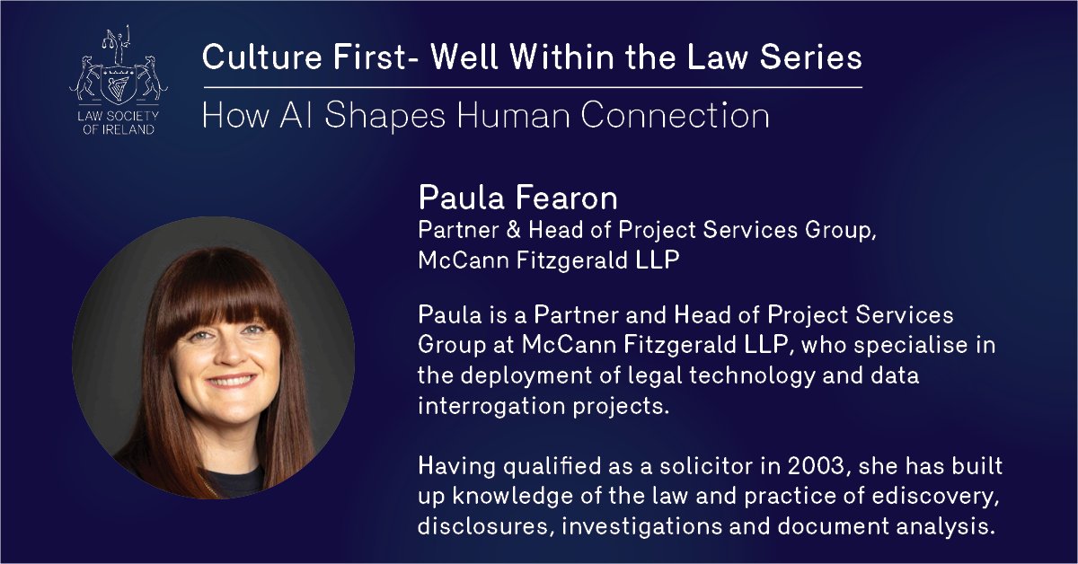 Law Society Ireland (@lawsocireland) on Twitter photo We're marking #WorkplaceWellbeingDay with an insightful, topical look at How #AI Shapes Human Connection.
Hear from Paula Fearon (<a href="/McCannFitz/">McCann FitzGerald LLP</a>) and our other fantastic guests on 30 April: lawsociety.ie/productdetails… We're marking #WorkplaceWellbeingDay with an insightful, topical look at How #AI Shapes Human Connection.
Hear from Paula Fearon (<a href="/McCannFitz/">McCann FitzGerald LLP</a>) and our other fantastic guests on 30 April: lawsociety.ie/productdetails…