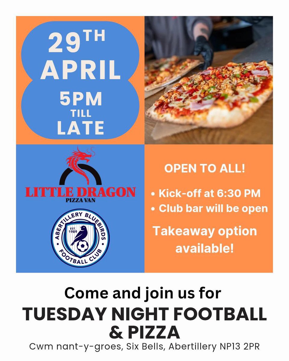 Don’t forget as well as our home game tomorrow evening we also have Little Dragon Pizza Van at the club from 5pm

Whether you want football, pizza or a bit of both come join us

Clubhouse also open for ice cold refreshments ⚽️🍕🍺🥤