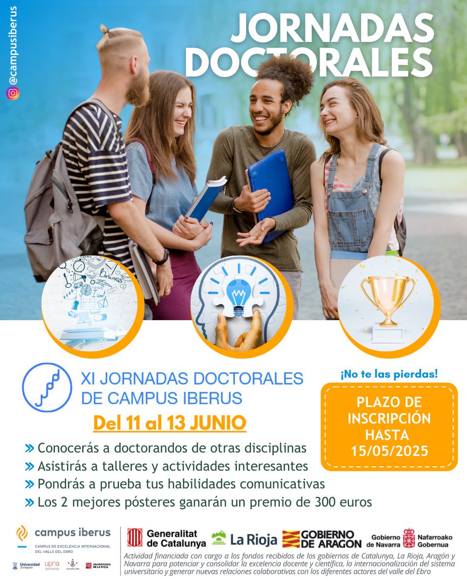 📅Del 11/06 se celebrará en la📍Residencia Univ. de Jaca la XI edición de las JORNADAS DOCTORALES DE CAMPUS IBERUS.
El objetivo principal es fomentar el conocimiento mutuo y la comunicación entre doctorandos de las universidades de Campus Iberus🎓

🌐lc.cx/dSwyMn