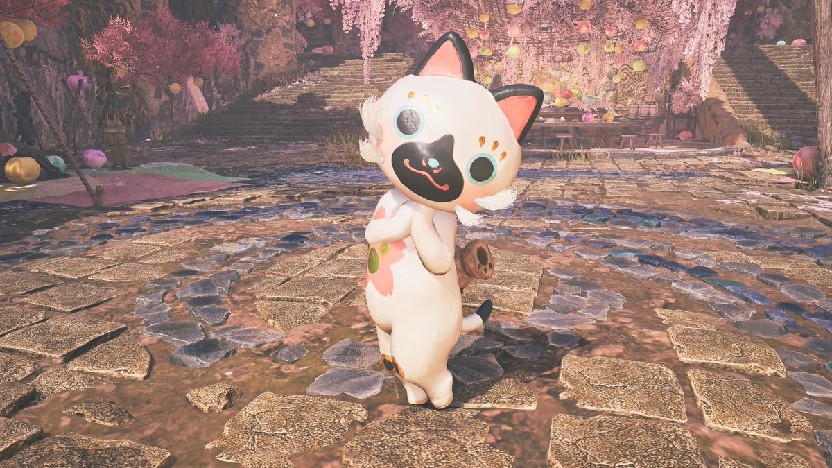 Monster Hunter Wilds Felyne Papier-Mâché α Series Palico layered armor with sakura elements