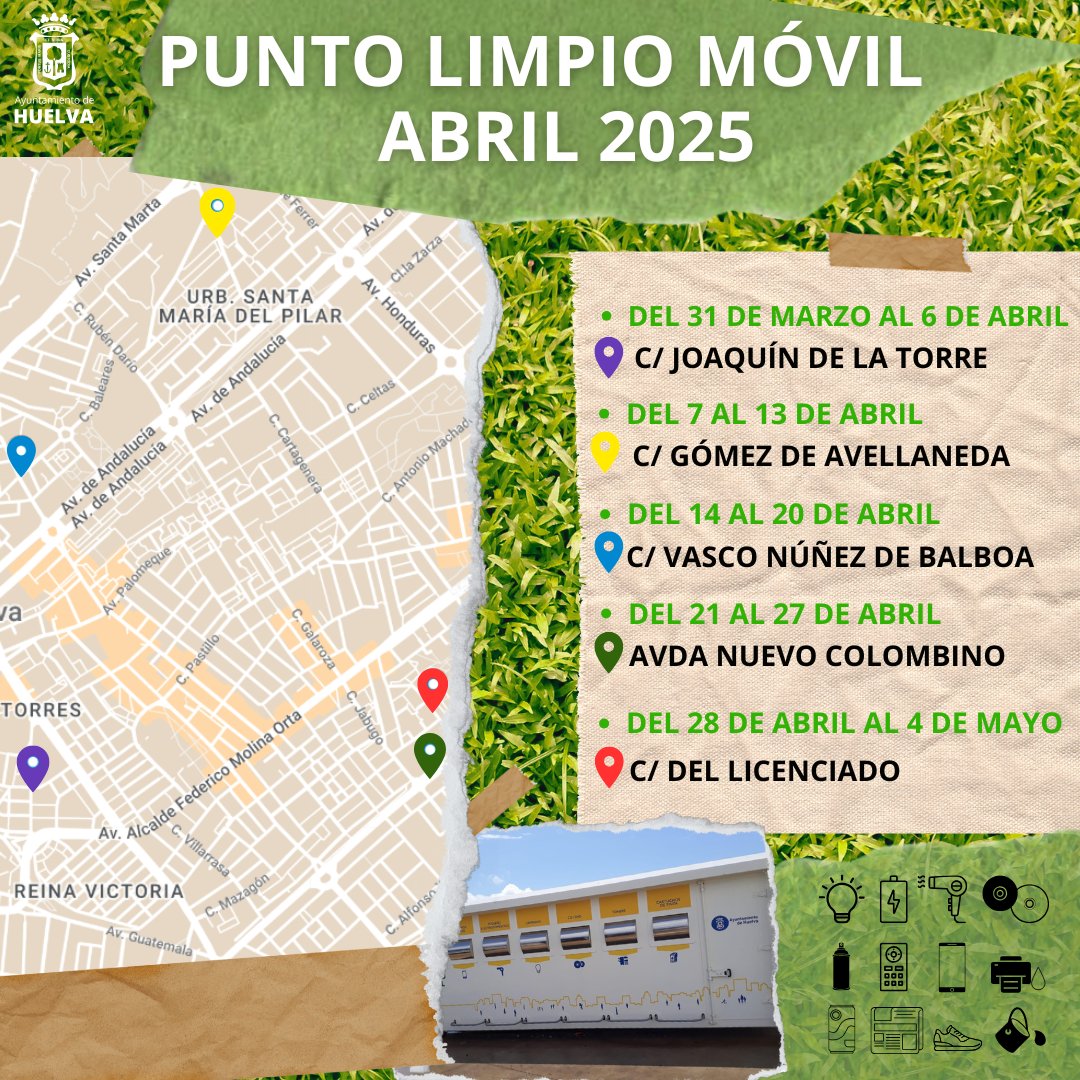 ♻️🗑️Recordamos la ubicación del ‘Punto Limpio Móvil’ esta semana.

ℹ️ El Ayuntamiento de Huelva cuenta con un servicio gratuito de recogida para residuos voluminosos, previa solicitud en el teléfono 959 159 299.

#recicla #cuidatuciudad #Huelva