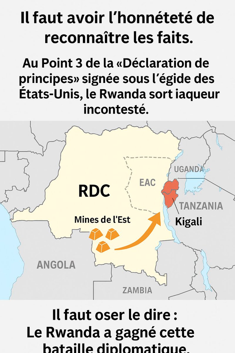 Il faut avoir l’honnêteté de reconnaître les faits.
Au Point 3 de la "Déclaration de principes", le Rwanda sort vainqueur incontesté.

- Légalisation du pillage minier sous couverture d'intégration régionale;
- Co-gestion des minerais stratégiques de la RDC;
- Bénédiction
