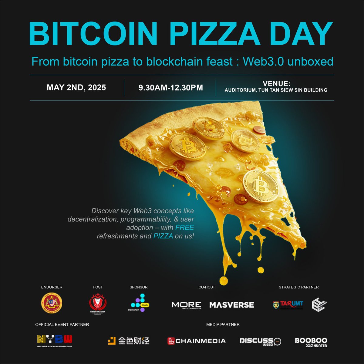DiscussWeb3's tweet photo. Are you ready to celebrate Bitcoin Pizza Day with us at TARUMT? Don’t forget to register here https://t.co/GwXYPBAwJG
Our VIPs will be sharing the future of web3 with you
#discussweb3 #morecommunity #masverse #mybw #tarumt #bitcoinpizzaday https://t.co/beijJkumOM