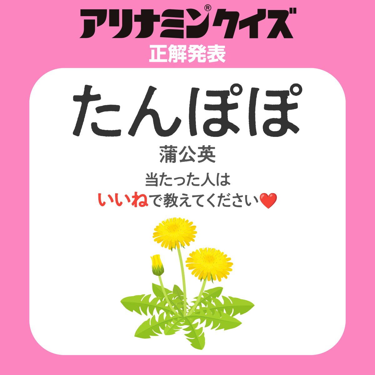 ＼#アリナミンクイズ 正解発表／

昨日のクイズの答えは
「たんぽぽ」でした💡

当たった人は「いいね」で教えてください❤️
次回のクイズもお楽しみに♪
#アリナミン