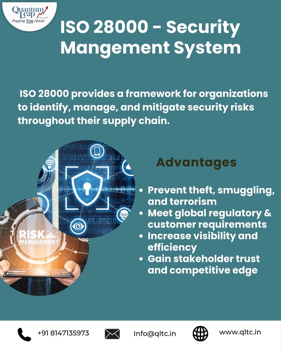 qltc_in's tweet photo. Security risks threaten operations and trust.

 ISO 28000:2022 helps safeguard supply chains, manage risks, 
 and build resilience.

 Secure your operations — move from risk to resilience! 

 #ISO28000 #SupplyChainSecurity #RiskManagement 
 #BusinessResilience https://t.co/oxRYNl0A8k