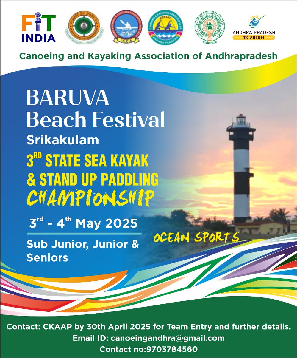 Join us at the Baruva Beach Festival in Srikakulam for the thrilling 3rd State Sea Kayak &amp; Stand Up Paddling Championship on May 3rd–4th, 2025!
Open to Sub Juniors, Juniors &amp; Seniors, this event is all about adrenaline, skill, and ocean vibes!
#AndhraPradesh #andhrapradeshtourism