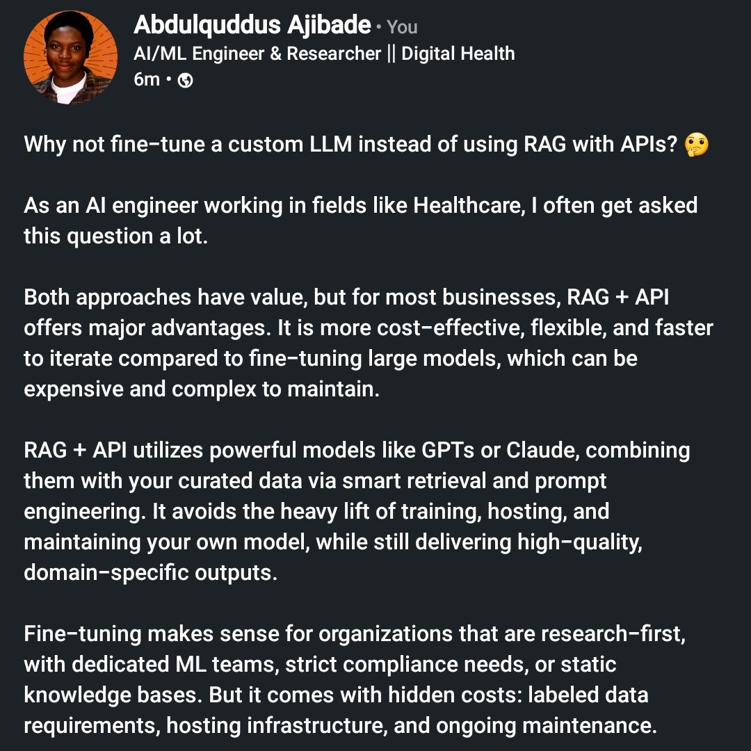 Dayo_Ajisco's tweet photo. Why fine-tune a fat LLM when you can RAG+API and chill? 💅
Save your cash, skip the GPU headaches, ship faster.
Most people just need better data, not bigger models imo 🥴 https://t.co/1ATjqP8IYO