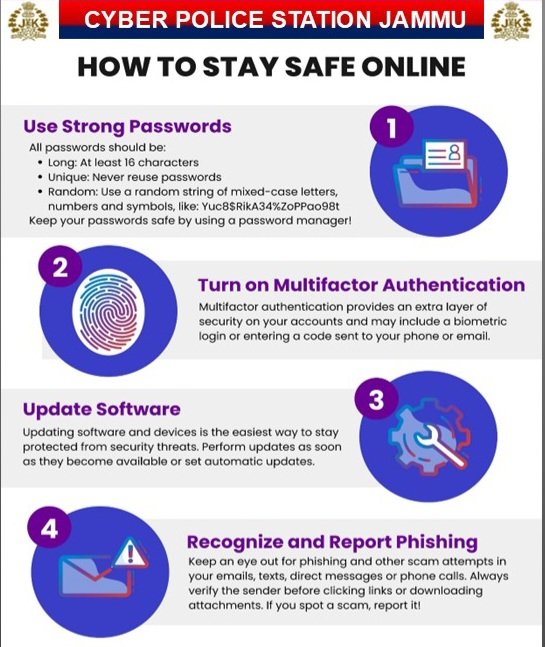 Always stay safe and follow tips for online safety.
<a href="/JmuKmrPolice/">J&K Police</a>
<a href="/ZPHQJammu/">Zonal Police Media Centre Jammu</a> 
<a href="/kameshwarpuri/">K Puri</a> 
<a href="/DySpPriyanka/">Priyanka kumari</a>
<a href="/JAMMULINKS/">JAMMU LINKS NEWS</a>