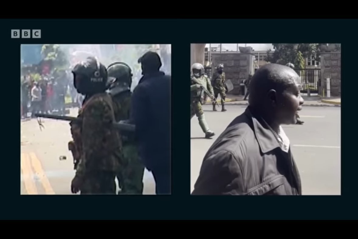 wayne_gakuo's tweet image. As revealed in the BBC documentary, Police officer John Kaboi was shouting "shoot to kill orders" to other officers outside Parliament. One of the police officers (2nd frame) shot two (could be more) unarmed Kenyans, and they died on the spot.
#BloodParliament #RutoMustGo