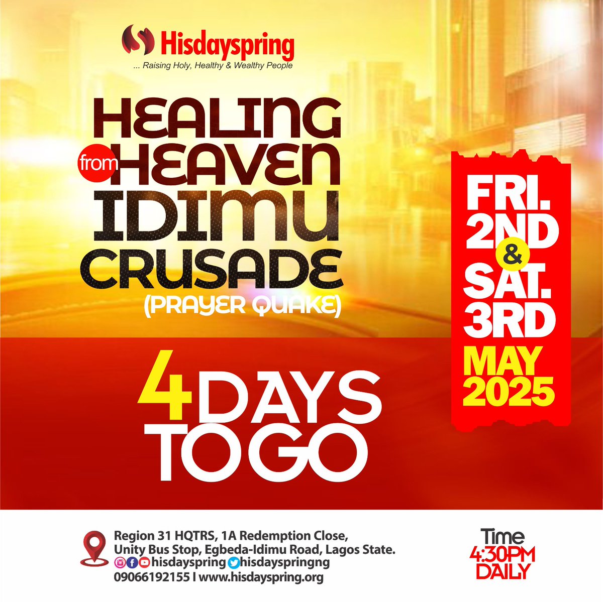 hisdayspringNG's tweet photo. We're #ADaysAway
Thank you Father for bringing us thus far.
#wearegrateful
#HFHC25
#PRAYERQUAKE
#HISDAYSPRING https://t.co/pszH6OULZF