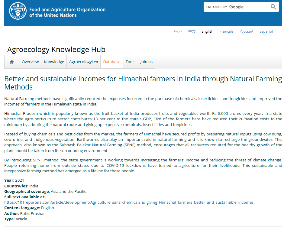 The United Nations FAO Publishes My Work on Sustainable Farming in the Himalayas... This international recognition by FAO underscores the global relevance of Himachal’s natural farming movement and the power of grassroots solutions for climate resilience and farmer prosperity.