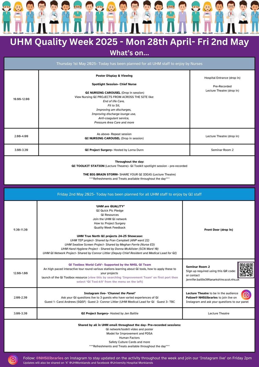 sekharsrao's tweet photo. Please join us to celebrate #UHMQIWeek2025Celebrations🎉from 28th April to 2nd May @UHMonklands @nhsl_lqa @NHSLKnowledge @Jenniferbaill14 Sharing &amp; Learning from different Professionals, see details for below! Please share &amp; retweet! https://t.co/uookWCy17C