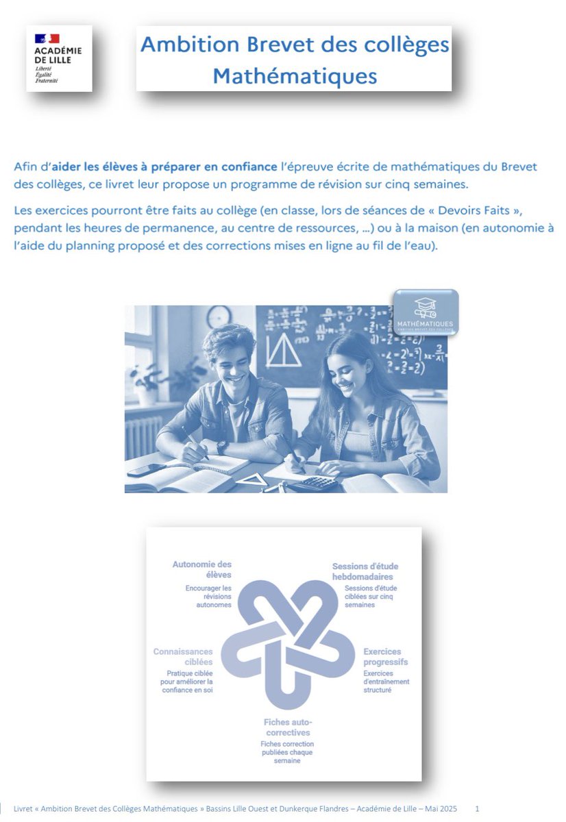 VerdierFranck2's tweet photo. Livret « Ambition Brevet des collèges » : aider les élèves à préparer l’épreuve de maths du DNB en confiance. Dix-neuf fiches : à chacun son parcours de révision (pratique guidée, autonome, exercices de brevet). Belle dynamique de territoire : bravo aux professeurs 👏👍 https://t.co/URP5utzS4X