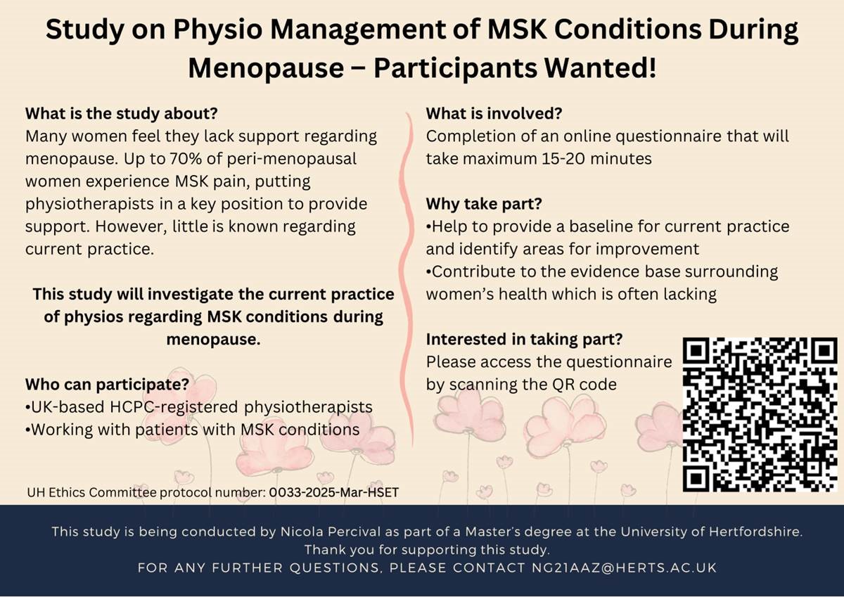 Uni Herts Post Grad Physio (@uh_pg_physio) on Twitter photo Are you a UK-based physiotherapist working in a MSK setting? Please support this Masters research into MSK pain and menopause. Your insights are crucial! Please take part here: bit.ly/42spMCg
<a href="/NicGriffin2/">Nicola Percival</a> Please feel free to share. <a href="/UH_PG_Physio/">Uni Herts Post Grad Physio</a> <a href="/PhysioMACP/">MACP</a> <a href="/UH_HSK/">UH Health&SocialWork</a> Are you a UK-based physiotherapist working in a MSK setting? Please support this Masters research into MSK pain and menopause. Your insights are crucial! Please take part here: bit.ly/42spMCg
<a href="/NicGriffin2/">Nicola Percival</a> Please feel free to share. <a href="/UH_PG_Physio/">Uni Herts Post Grad Physio</a> <a href="/PhysioMACP/">MACP</a> <a href="/UH_HSK/">UH Health&SocialWork</a>