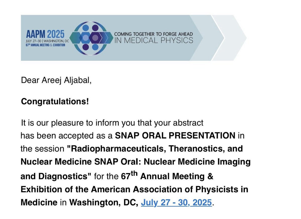 Thrilled to announce that my abstract was accepted for an oral presentation at the #AAPM Annual Meeting!
See everyone there!
الحمدالله حمداً طيباً
 مباركاً فيه