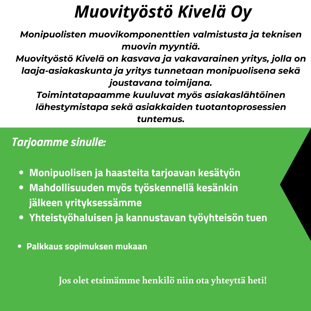 Hae meille kesätöihin nyt!

#muovityöstökivelä #taivummetahtoosi #kesätyö #kesäduuni #tampere