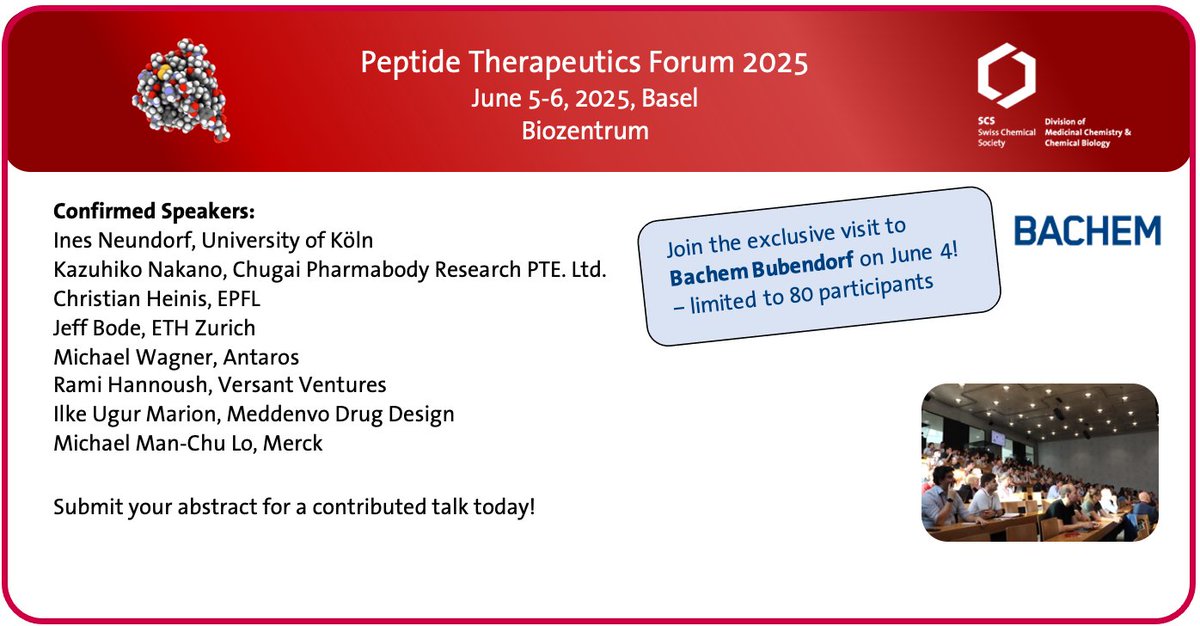 Swiss Chemical Society (@swisschemistry) on Twitter photo 🔔Peptide Therapeutics Forum 2025 - Last Chance to submit your abstract for a talk!
<a href="/biozentrum/">Biozentrum, University of Basel</a>
‼️Submit your abstract today via ptf25.scg.ch/registration
#ptf25 #scs #medchem #switzerland #symposia 🔔Peptide Therapeutics Forum 2025 - Last Chance to submit your abstract for a talk!
<a href="/biozentrum/">Biozentrum, University of Basel</a>
‼️Submit your abstract today via ptf25.scg.ch/registration
#ptf25 #scs #medchem #switzerland #symposia